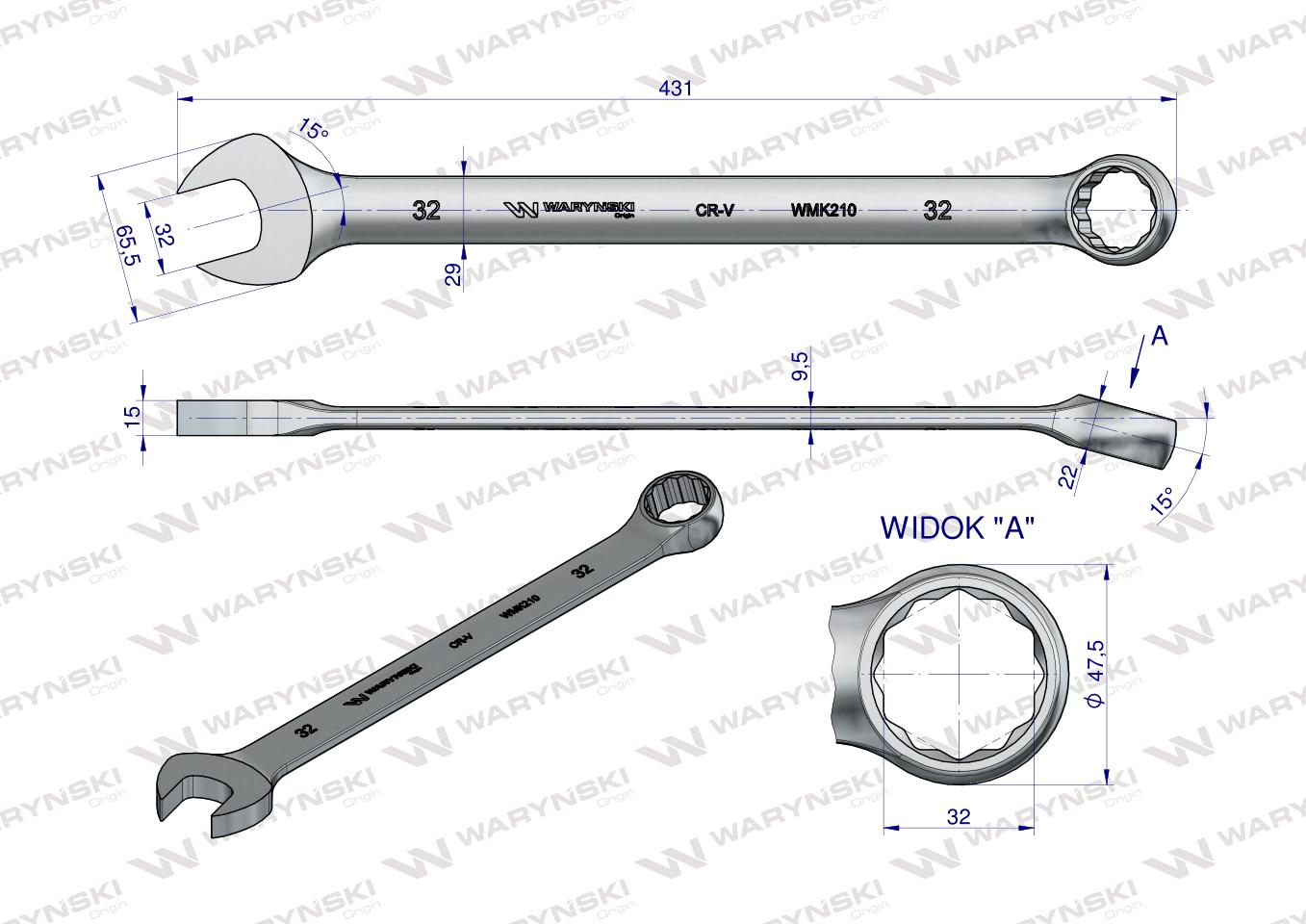 Klucz płaskooczkowy extra długi 32mm dł 431mm standard ASME B107.9M  Waryński