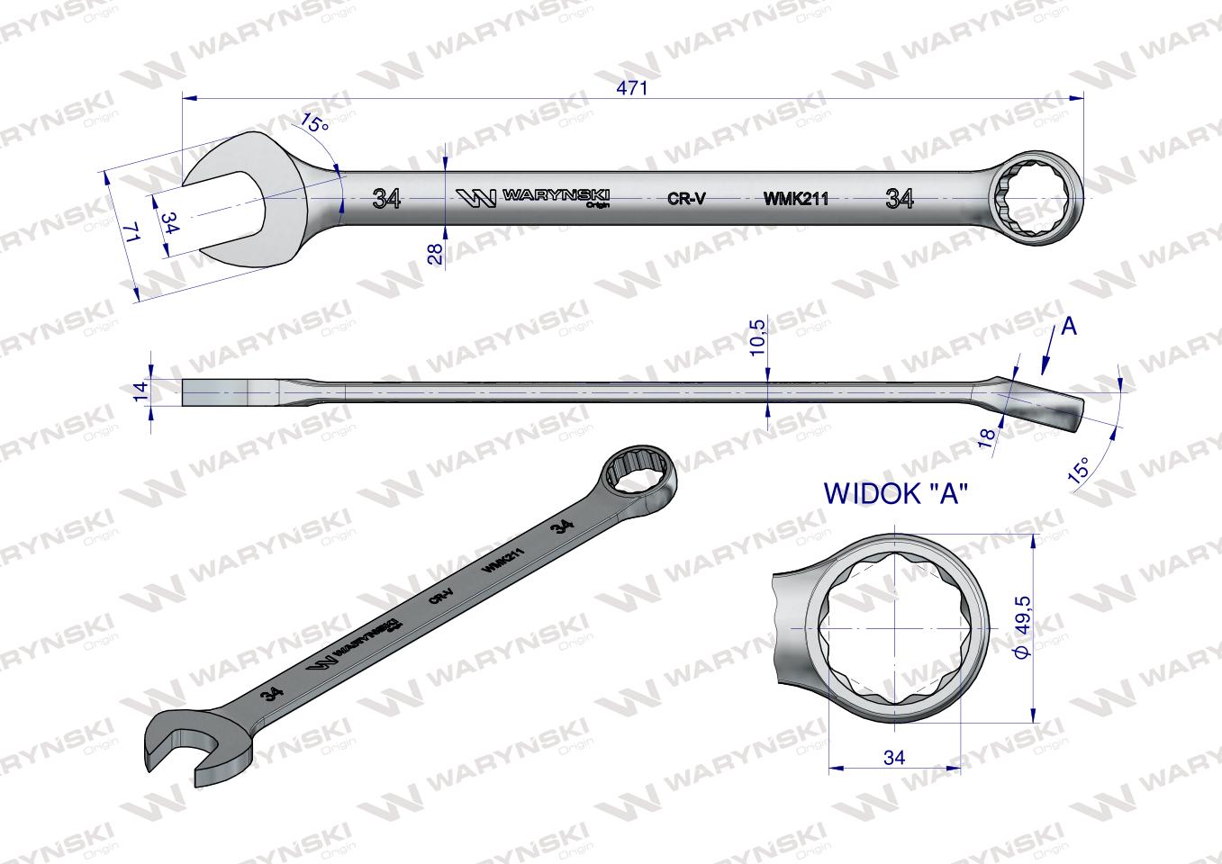 Klucz płaskooczkowy extra długi 34mm dł 471mm standard ASME B107.9M  Waryński