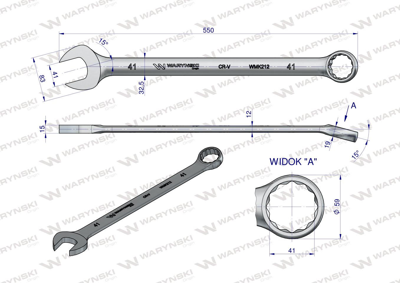 Klucz płaskooczkowy extra długi 41mm dł 550mm standard ASME B107.9M  Waryński