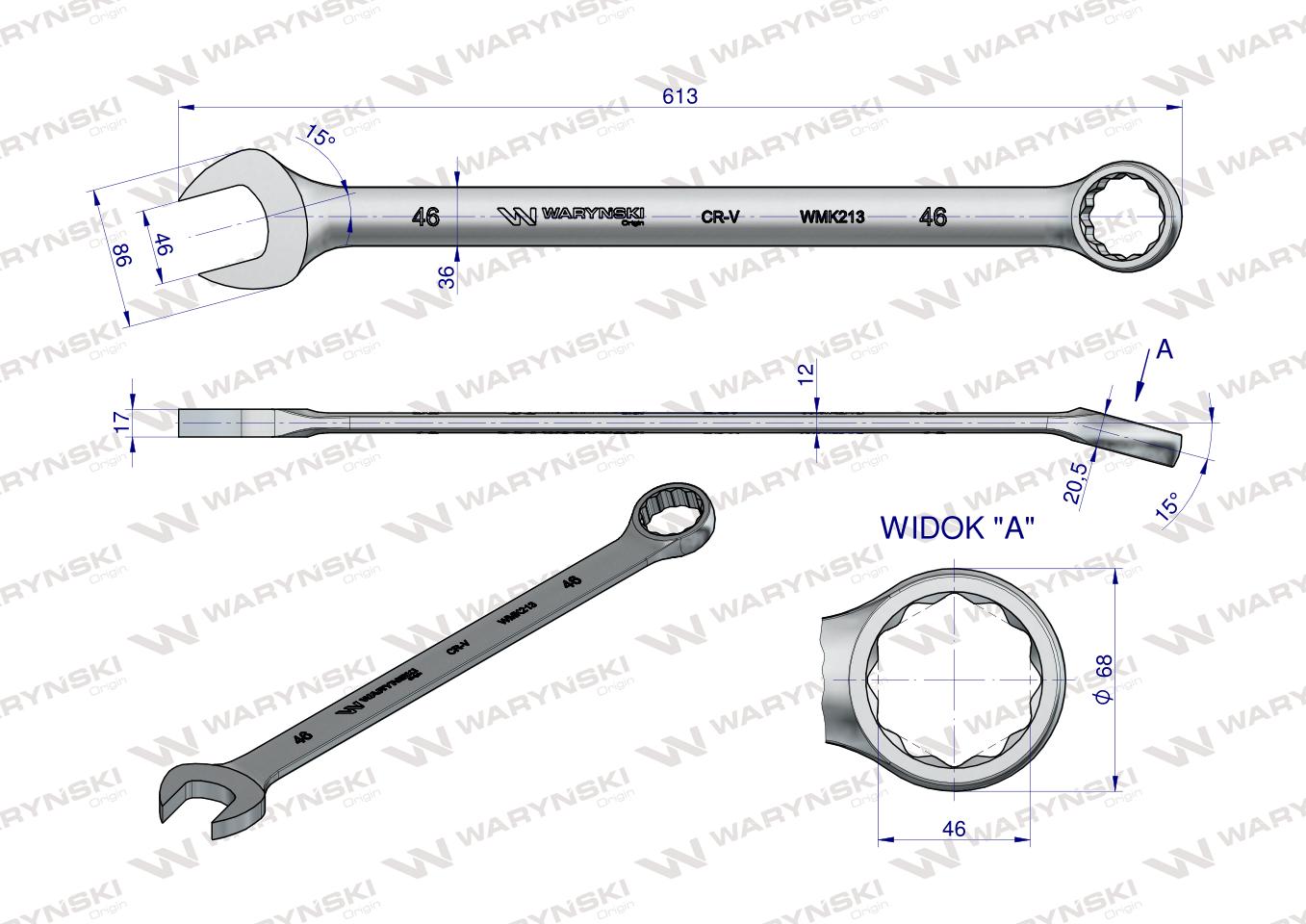 Klucz płaskooczkowy extra długi 46mm dł 613mm standard ASME B107.9M  Waryński