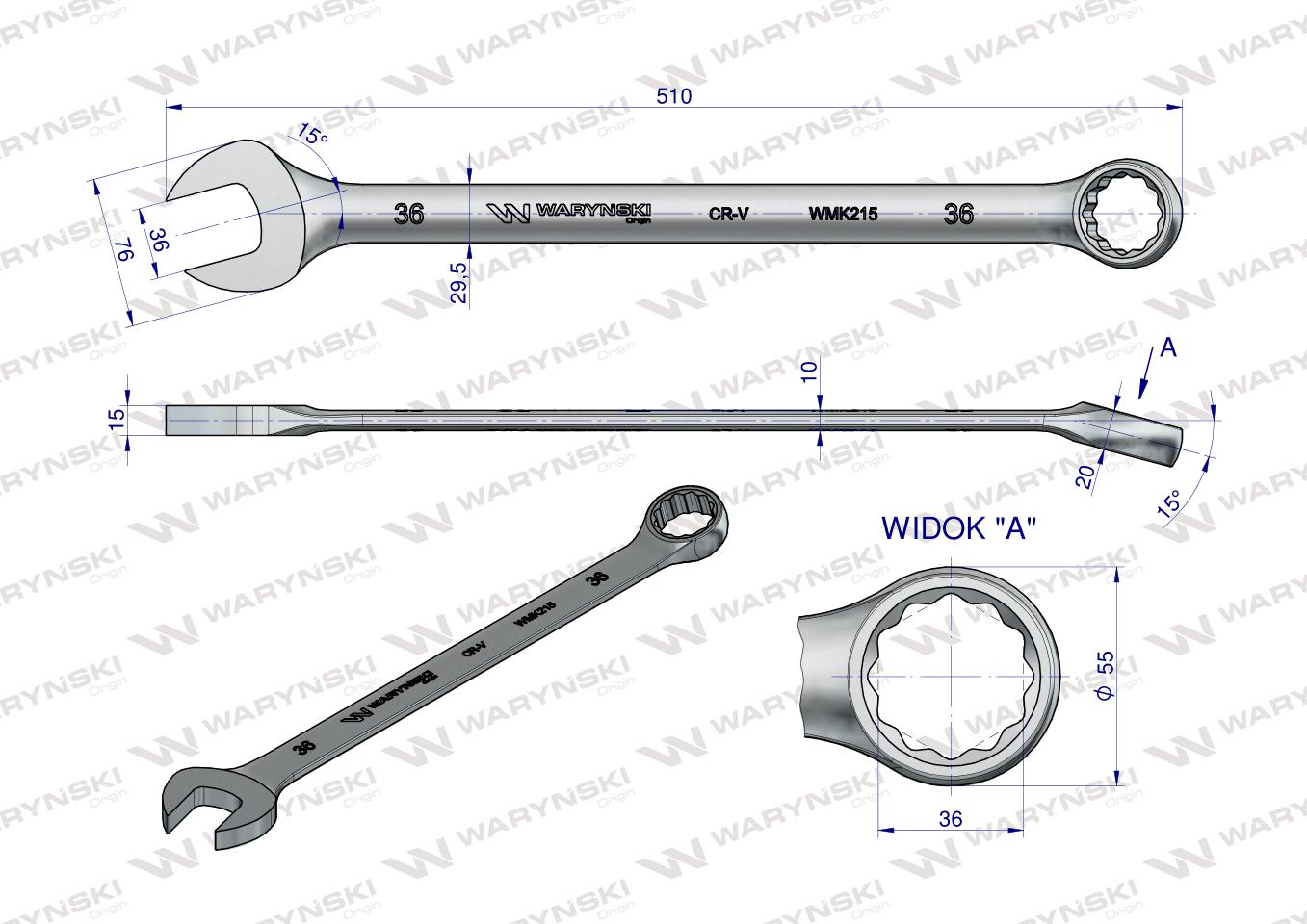 Klucz płaskooczkowy extra długi 36mm dł 510mm standard ASME B107.9M  Waryński