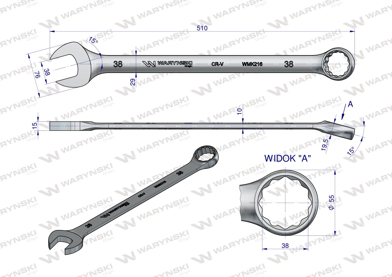 Klucz płaskooczkowy extra długi 38mm dł 510mm standard ASME B107.9M  Waryński