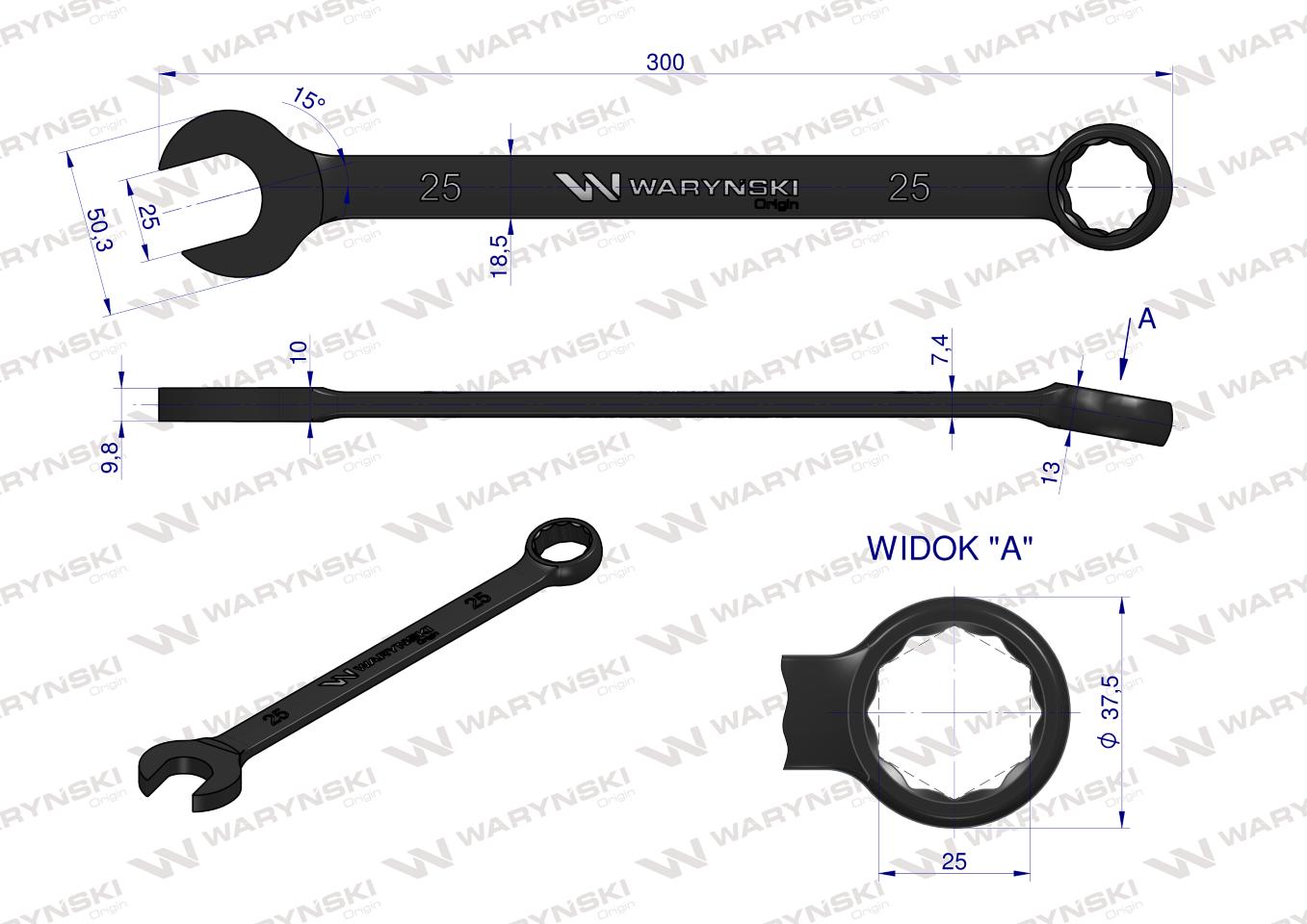 Klucz płasko-oczkowy, 25 mm CrV standard ASME B107-2010, Waryński