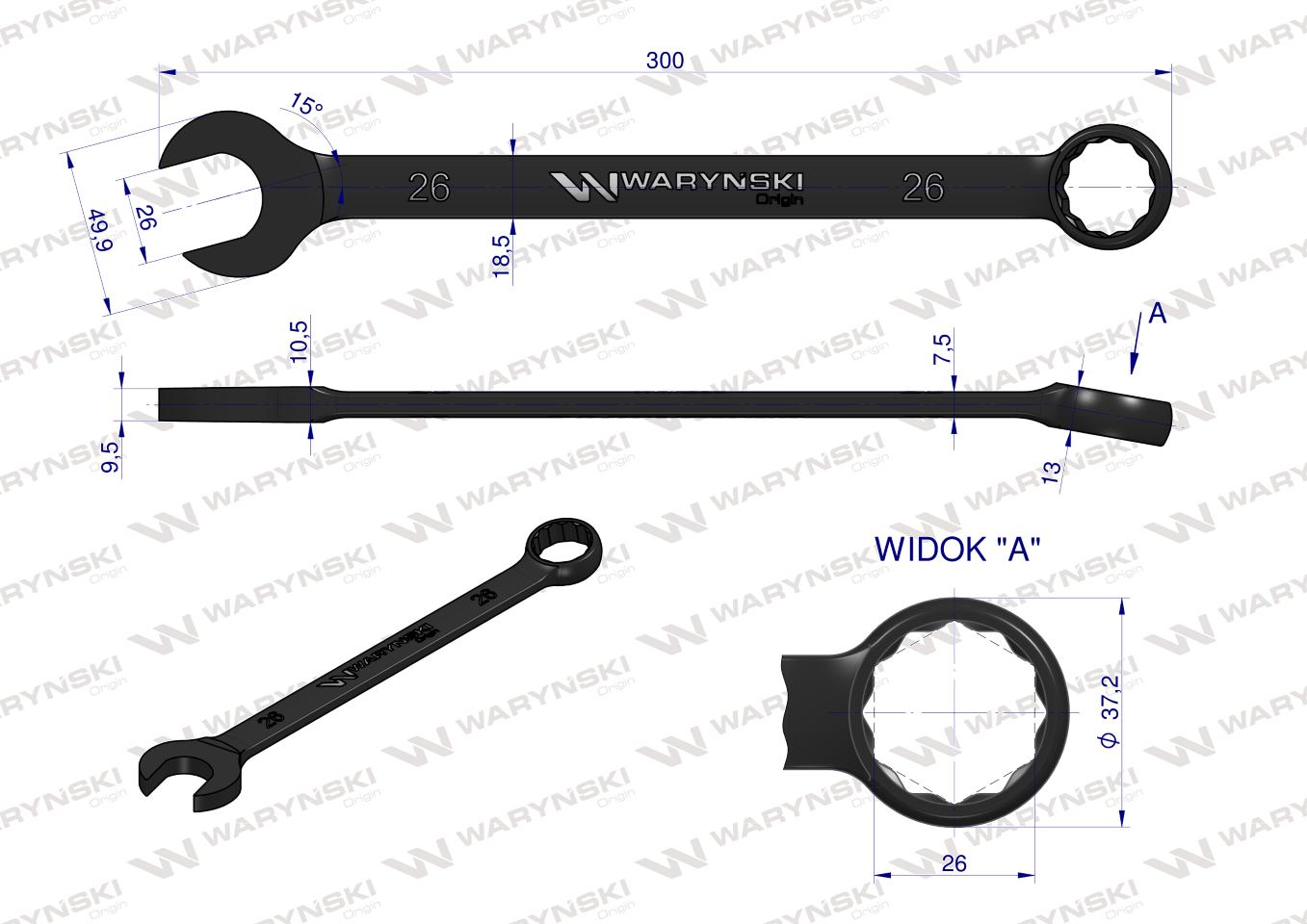 Klucz płasko-oczkowy, 26 mm CrV standard ASME B107-2010, Waryński