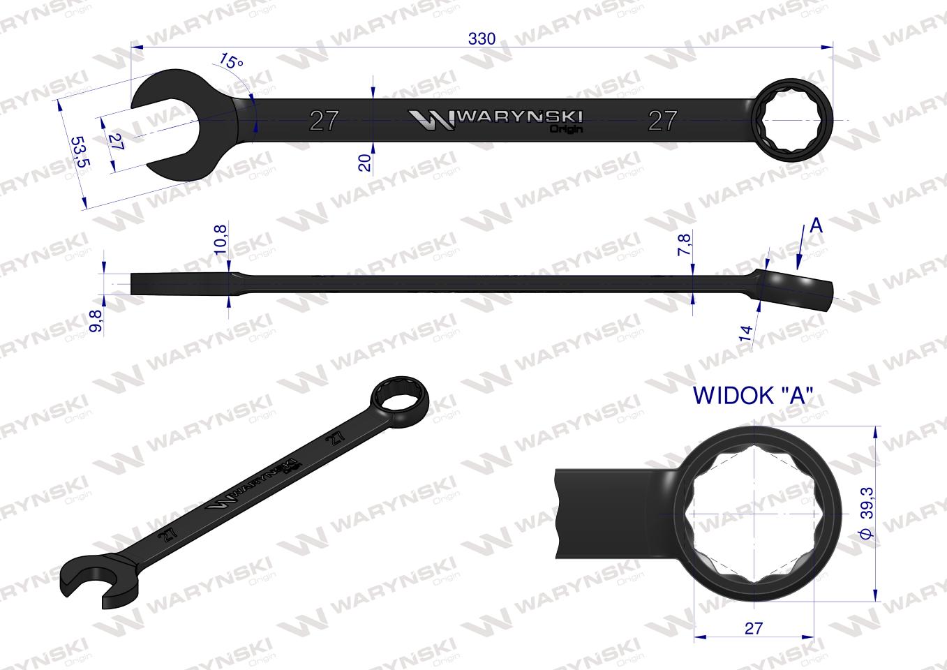 Klucz płasko-oczkowy, 27 mm CrV standard ASME B107-2010, Waryński