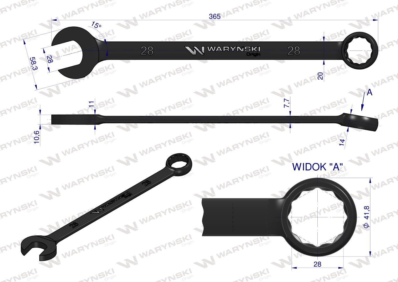 Klucz płasko-oczkowy, 28 mm CrV standard ASME B107-2010, Waryński