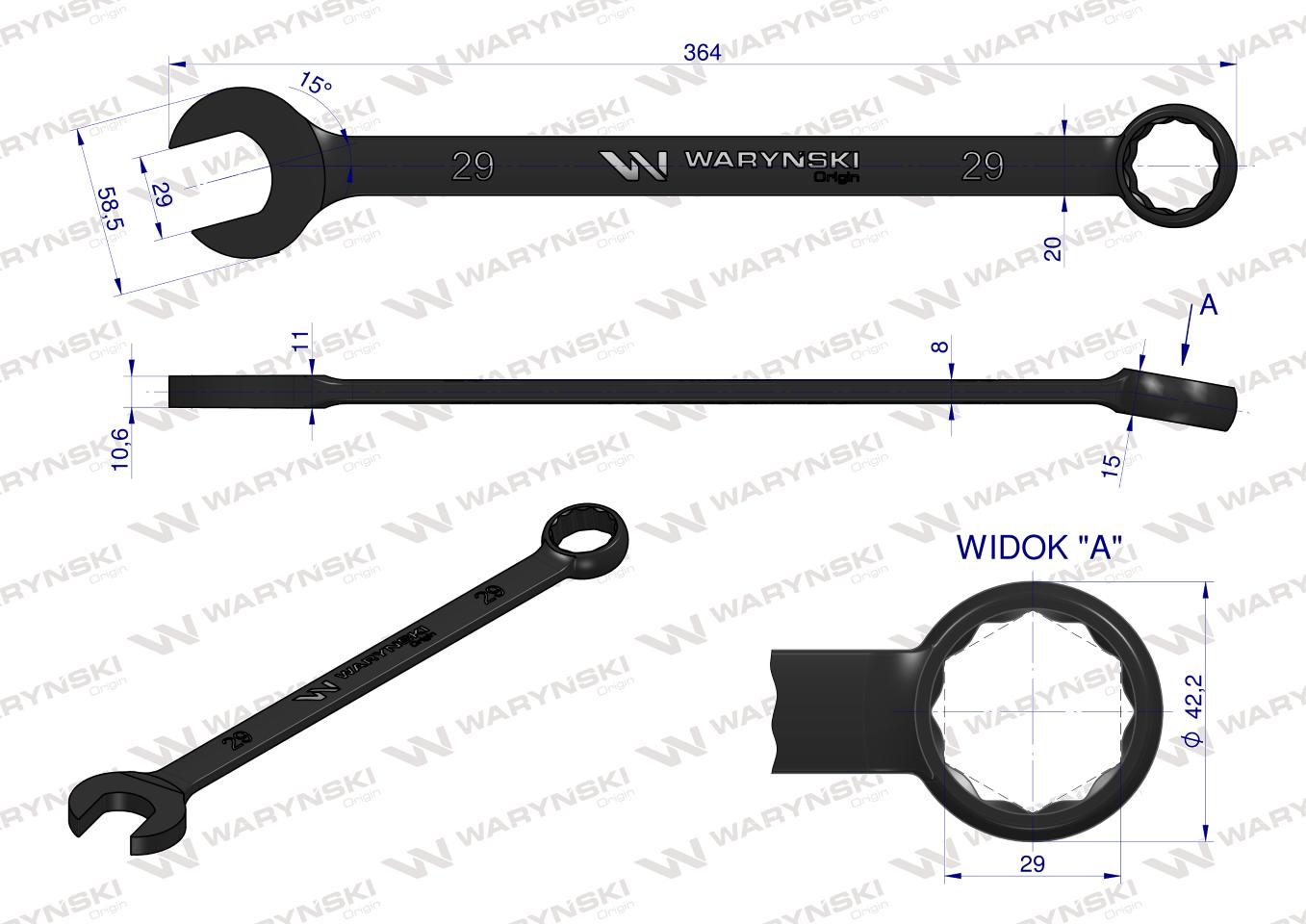 Klucz płasko-oczkowy, 29 mm CrV standard ASME B107-2010, Waryński