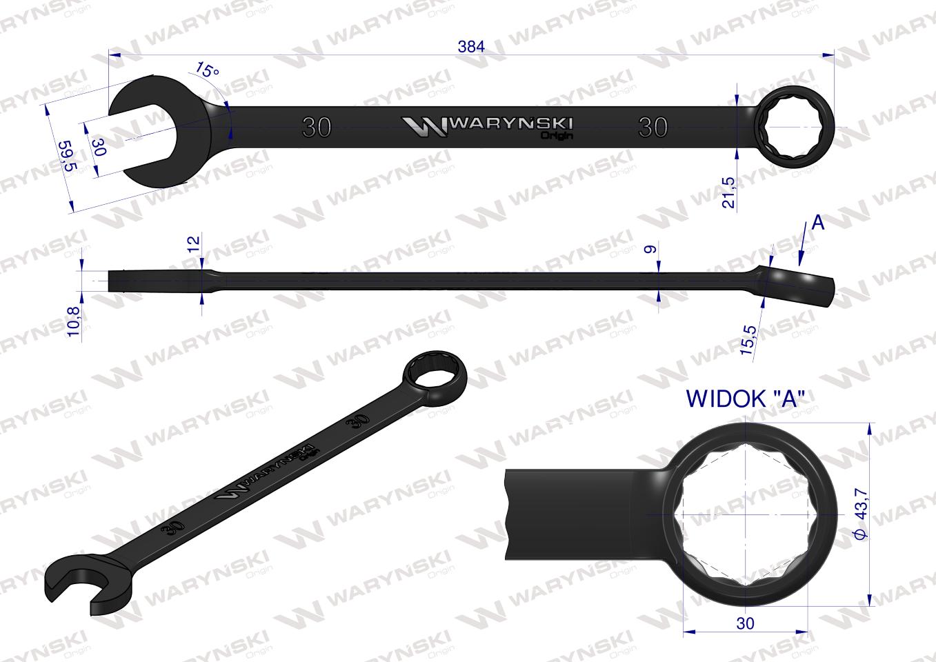 Klucz płasko-oczkowy, 30 mm CrV standard ASME B107-2010, Waryński