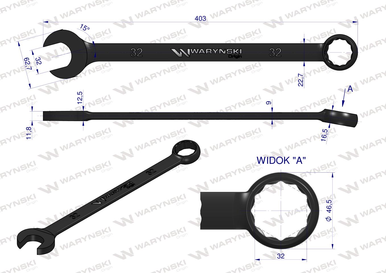 Klucz płasko-oczkowy, 32 mm CrV standard ASME B107-2010, Waryński