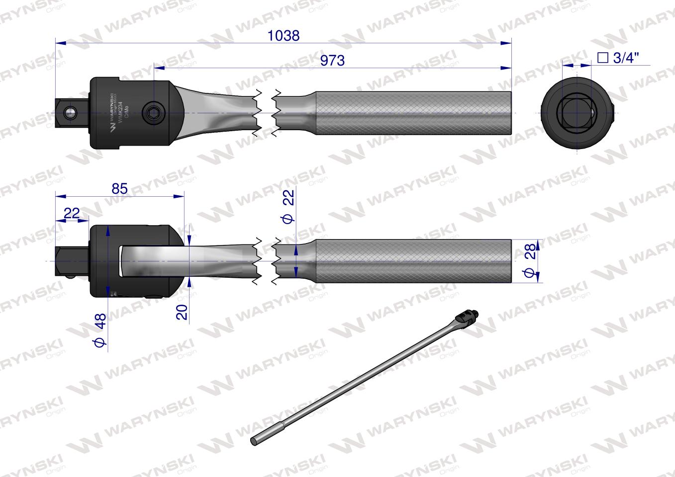 Uchwyt pokrętło, przegubowe 100cm długości do nasadek 3/4 cala, W mechanice pojazdów i maszyn,w przemyśle i pracach konstrukcyjnych, Waryński