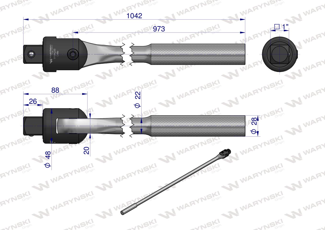 Uchwyt pokrętło, przegubowe 100cm długości do nasadek 1 cal, W mechanice pojazdów i maszyn,w przemyśle i pracach konstrukcyjnych, Waryński