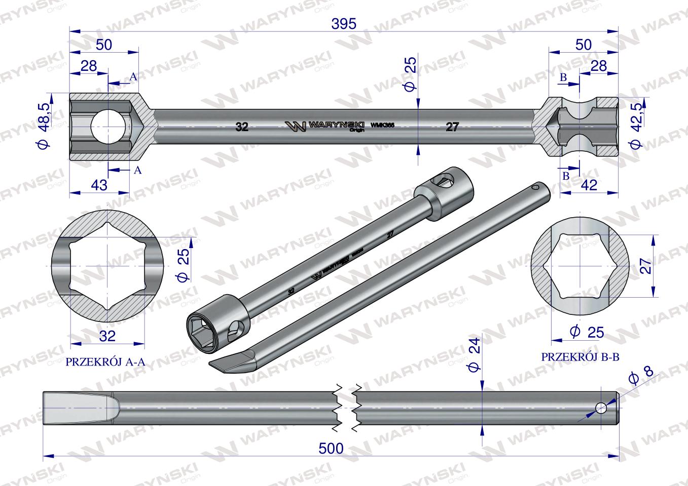 Klucz do kół , 395 mm długości rozmiar 27x32 mm z łyżką, do prac montażowych i demontażowych w mechanice , Waryński