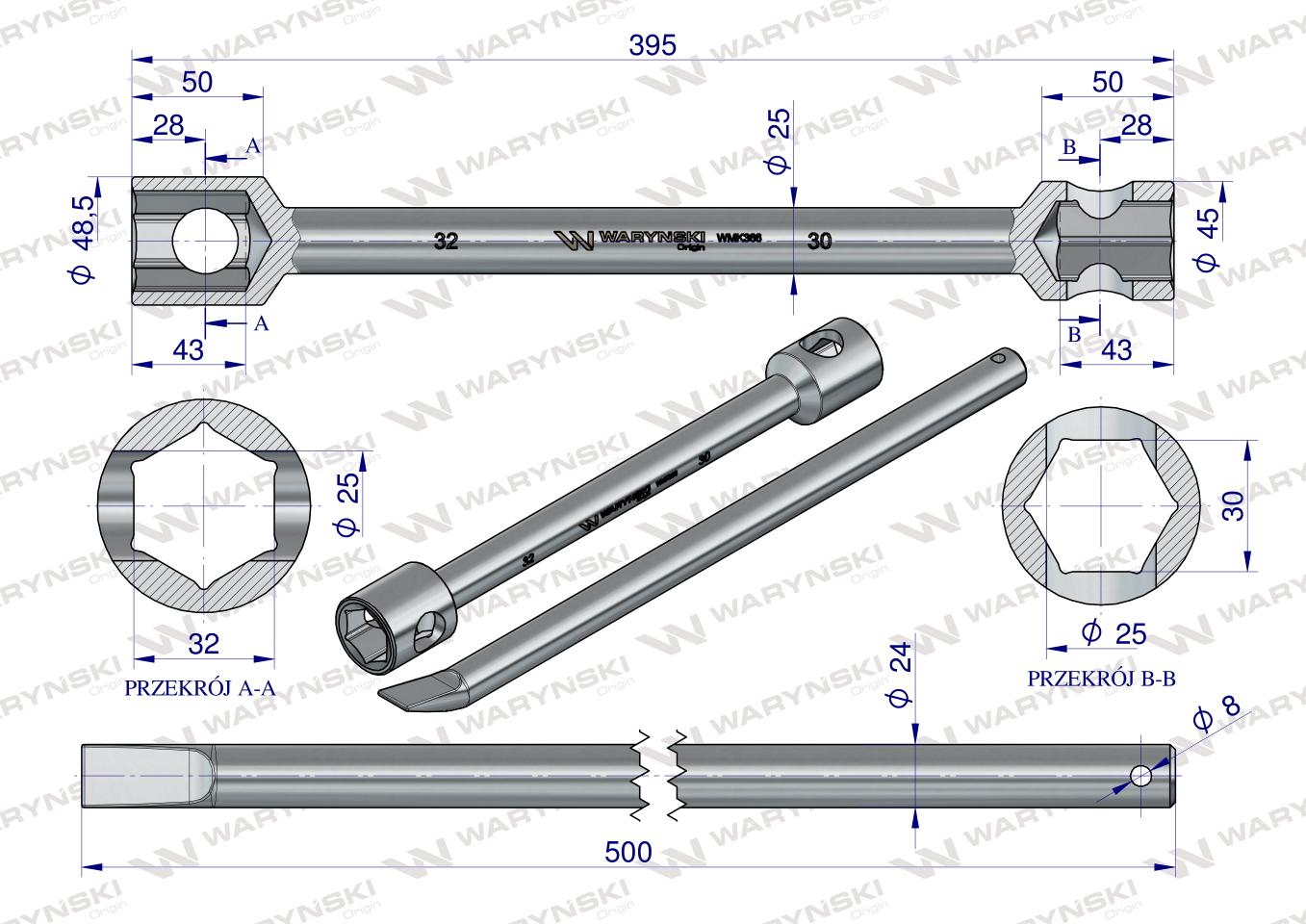 Klucz do kół , 395 mm długości rozmiar 30x32 mm z łyżką, do prac montażowych i demontażowych w mechanice , Waryński