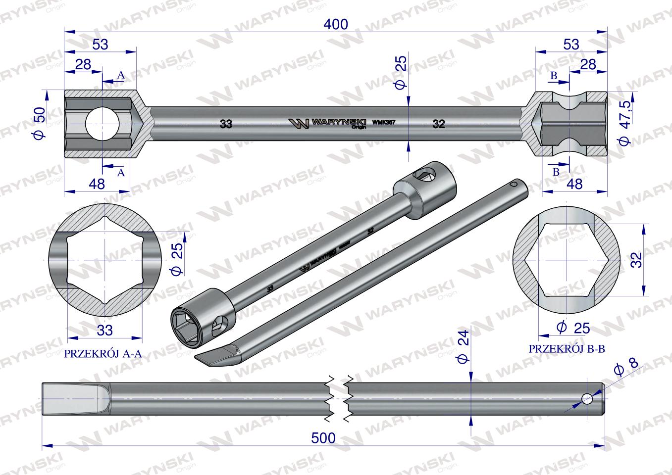 Klucz do kół , 395 mm długości rozmiar 32X33 mm z łyżką, do prac montażowych i demontażowych w mechanice , Waryński
