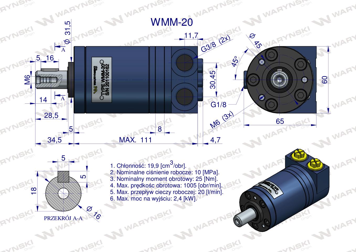 Silnik hydrauliczny orbitalny WMM 20 cm3/obr (100 bar / max.140 bar) Waryński