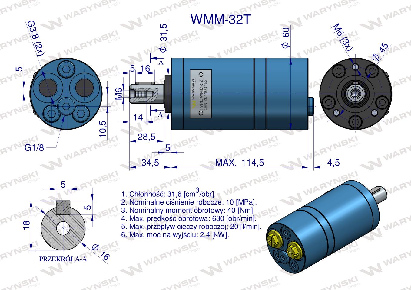 Silnik hydrauliczny orbitalny WMM 32 cm3/obr (100 bar / max.140 bar) przyłącza tylne Waryński