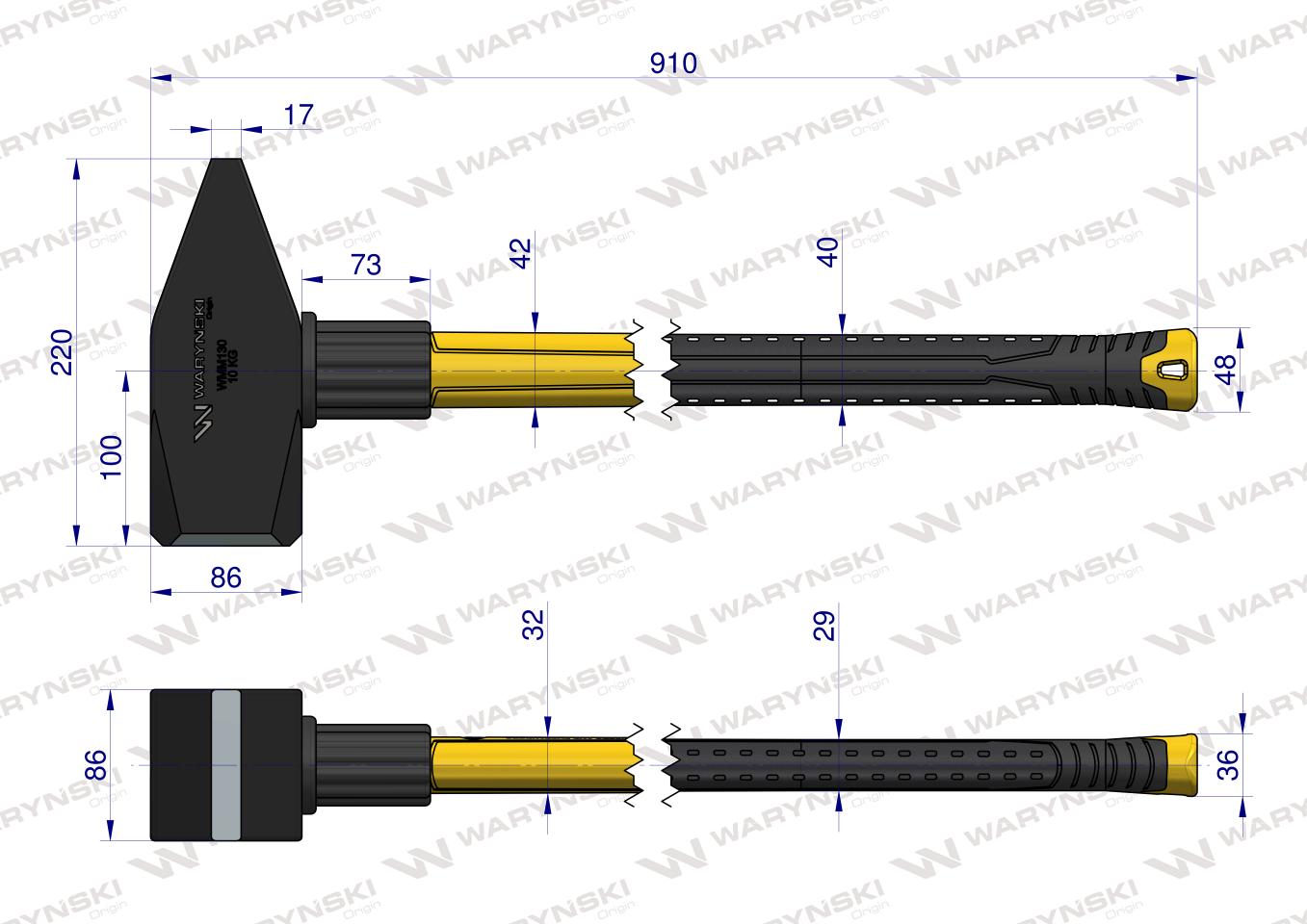 Młotek ślusarski, 10 kg bardzo ciężki z trzonkiem z włókna szklanego , do prac warsztatowych budowlanych, Waryński