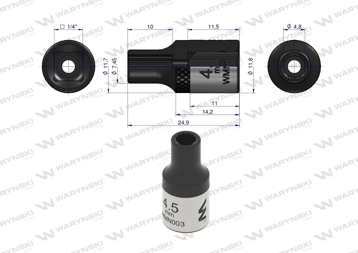 Nasadka dwunastokątna 1/4". 4.5 mm. CrV50BV30. DIN 3124. Waryński