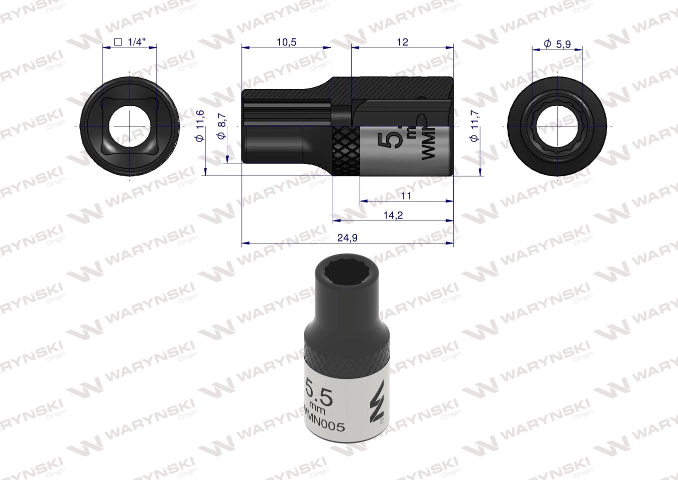 Nasadka dwunastokątna 1/4". 5.5 mm. CrV50BV30. DIN 3124. Waryński