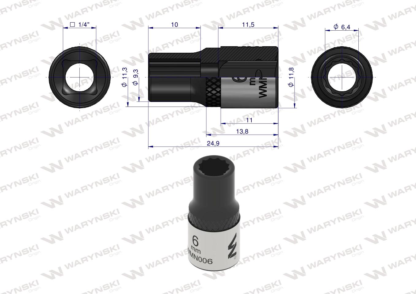 Nasadka dwunastokątna 1/4". 6 mm. CrV50BV30. DIN 3124. Waryński