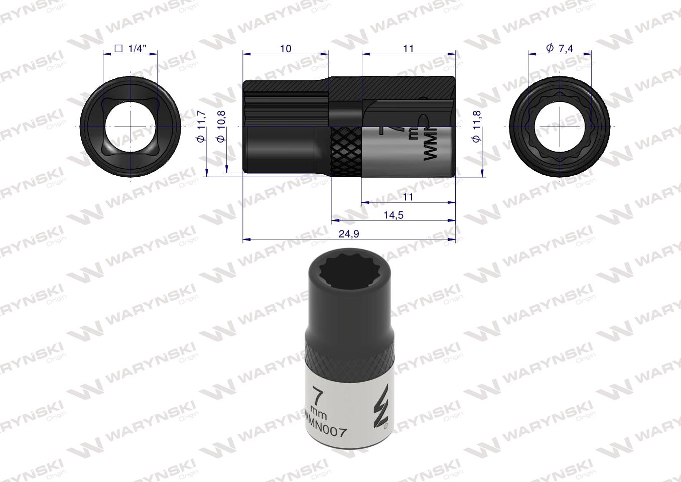 Nasadka dwunastokątna 1/4". 7 mm. CrV50BV30. DIN 3124. Waryński