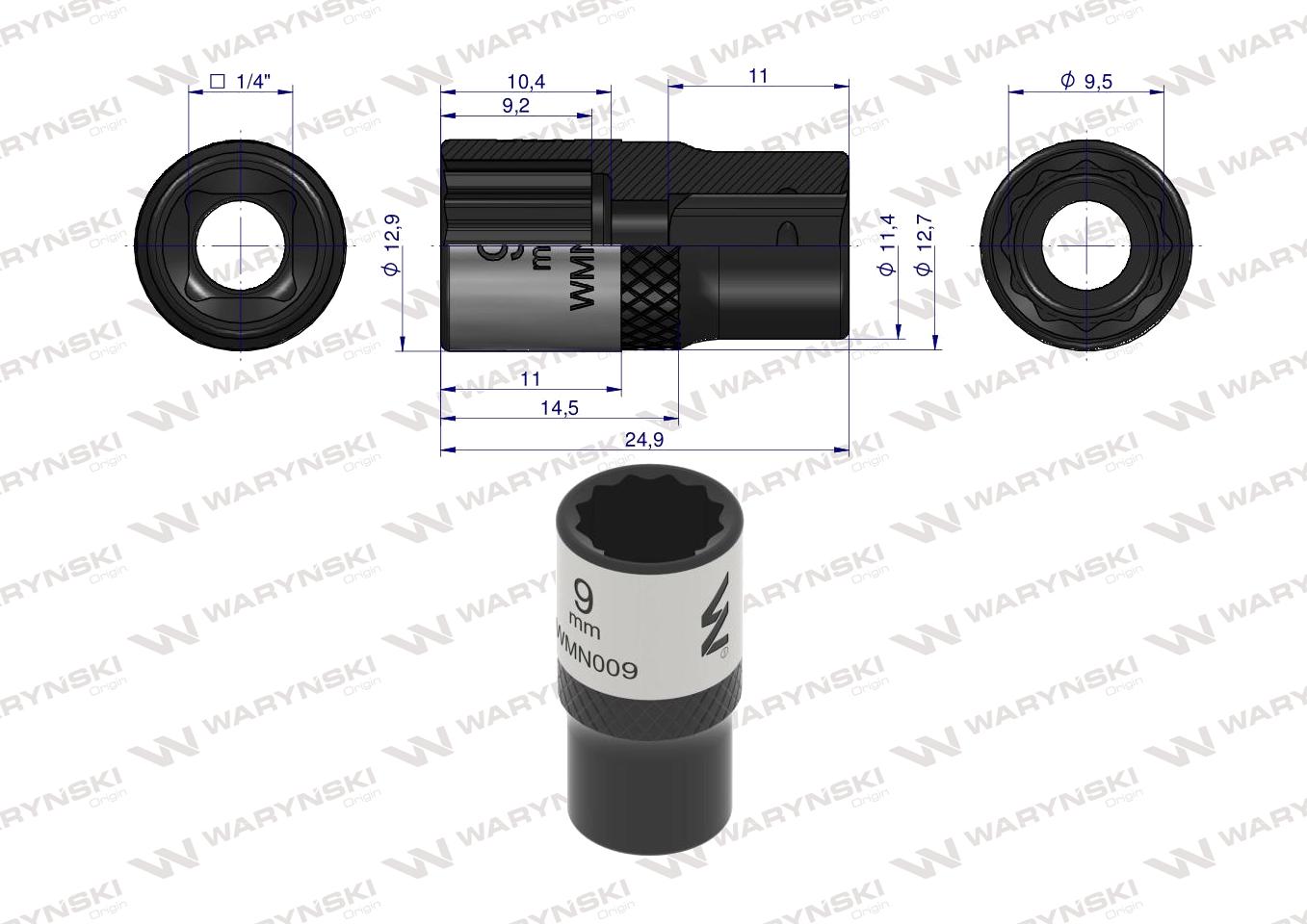 Nasadka dwunastokątna 1/4". 9 mm. CrV50BV30. DIN 3124. Waryński