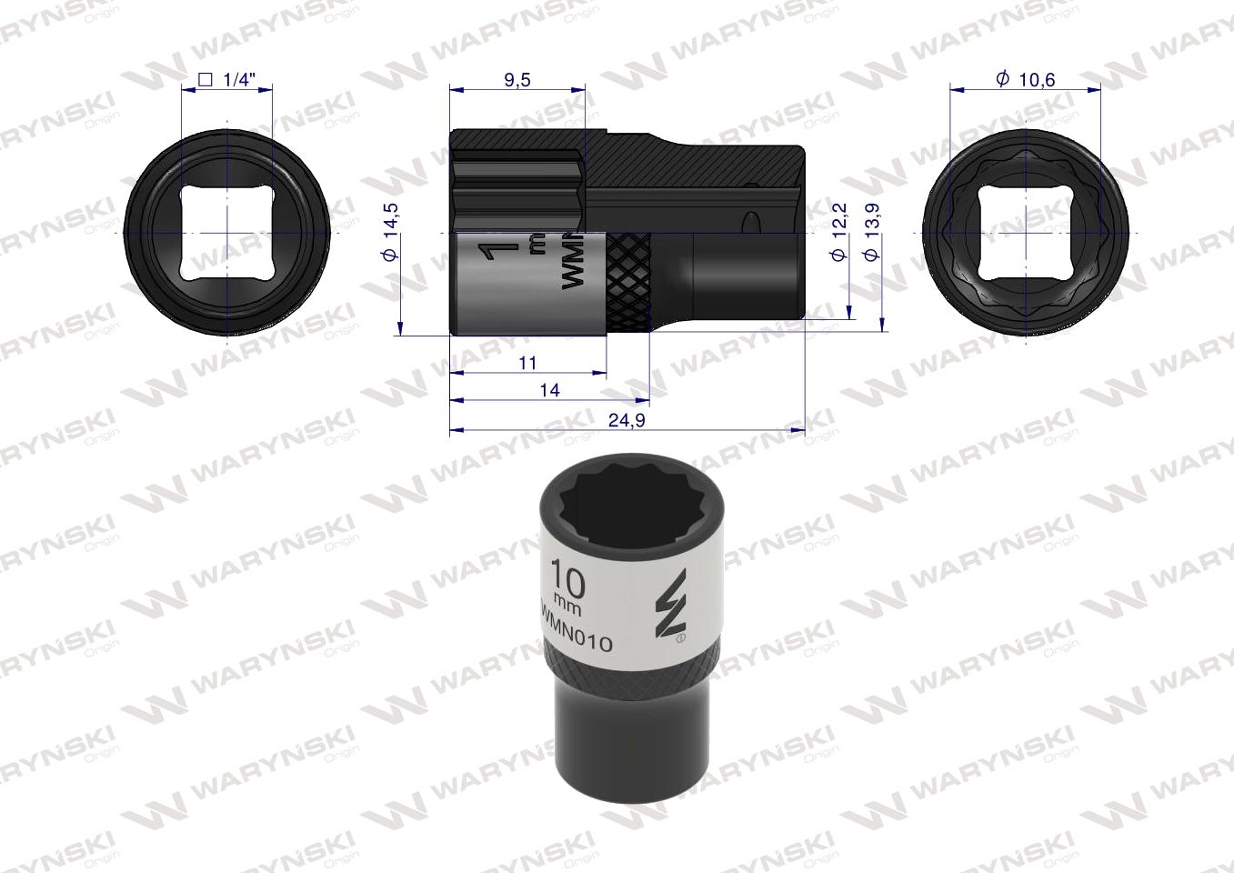 Nasadka dwunastokątna 1/4". 10 mm. CrV50BV30. DIN 3124. Waryński