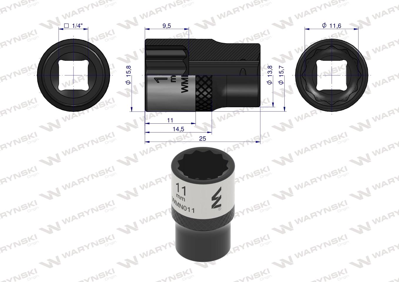 Nasadka dwunastokątna 1/4". 11 mm. CrV50BV30. DIN 3124. Waryński