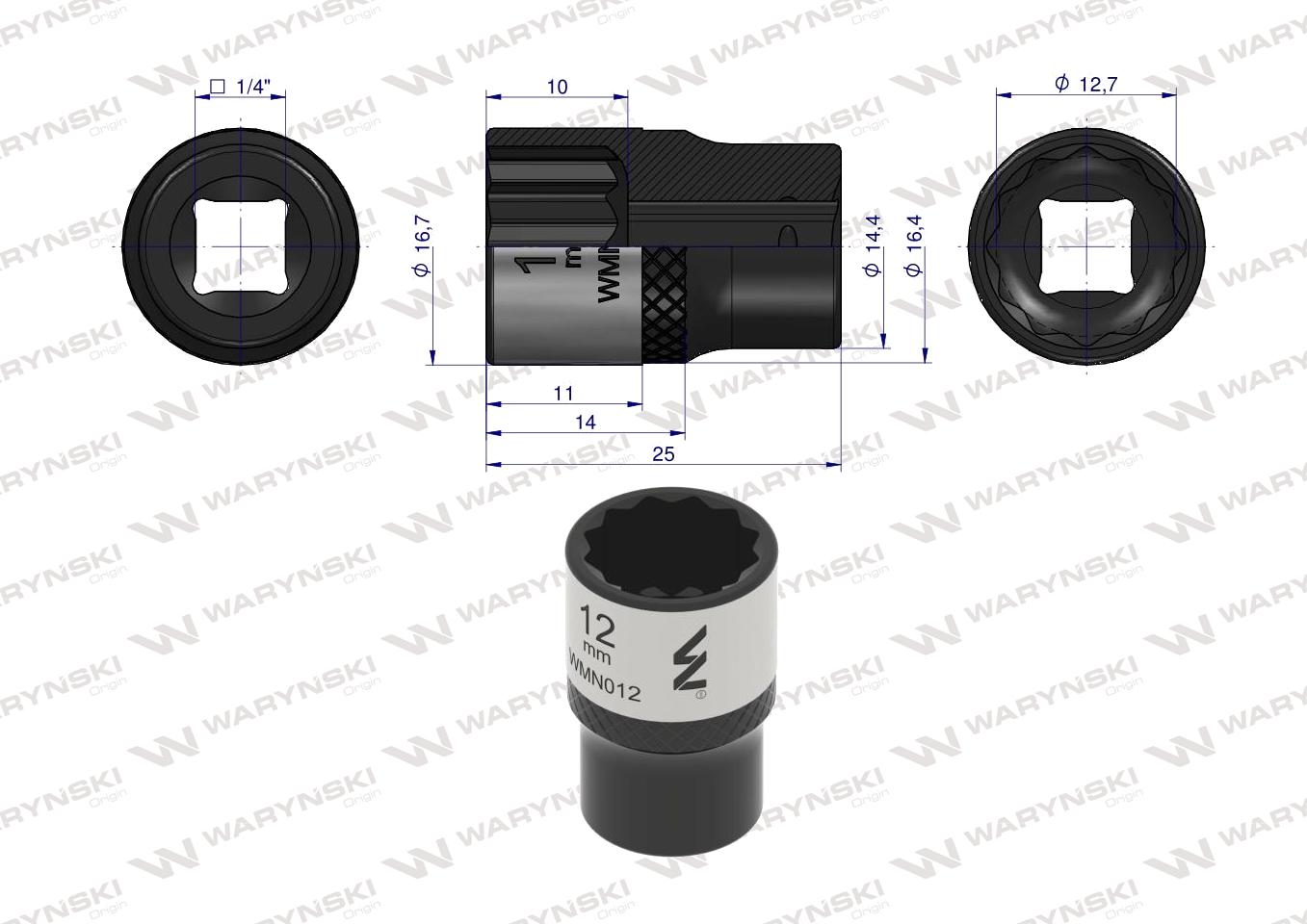 Nasadka dwunastokątna 1/4". 12 mm. CrV50BV30. DIN 3124. Waryński