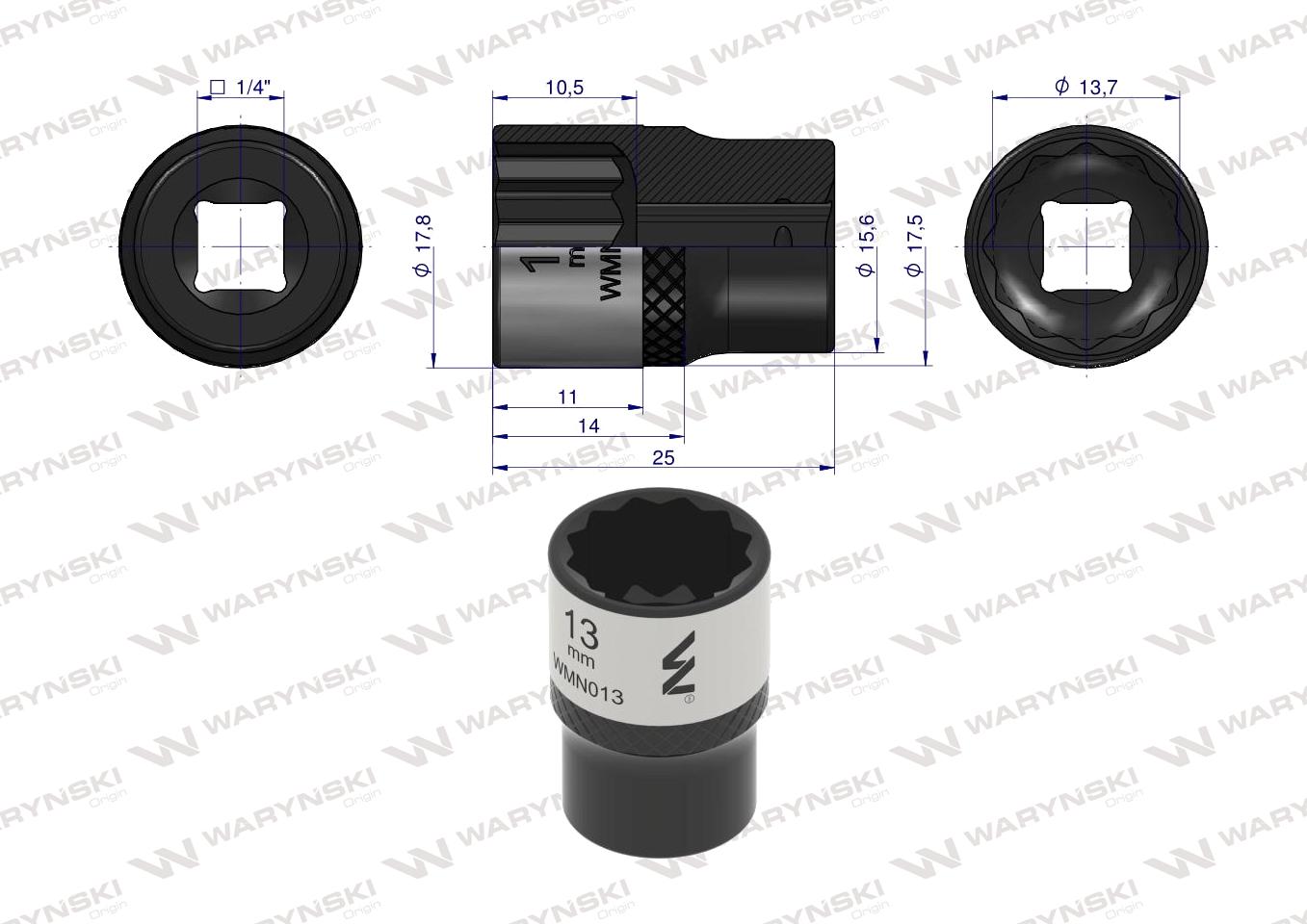 Nasadka dwunastokątna 1/4". 13 mm. CrV50BV30. DIN 3124. Waryński