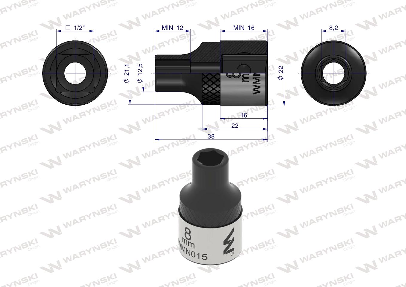 Nasadka sześciokątna 1/2". 8 mm. CrV50BV30. DIN 3124. Waryński