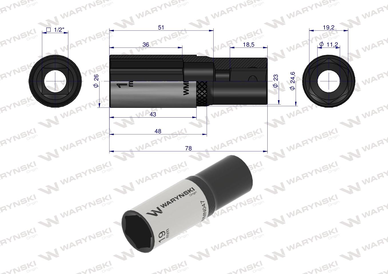 Nasadka sześciokątna 1/2". 19 mm. długa. CrV50BV30. DIN 3124. Waryński