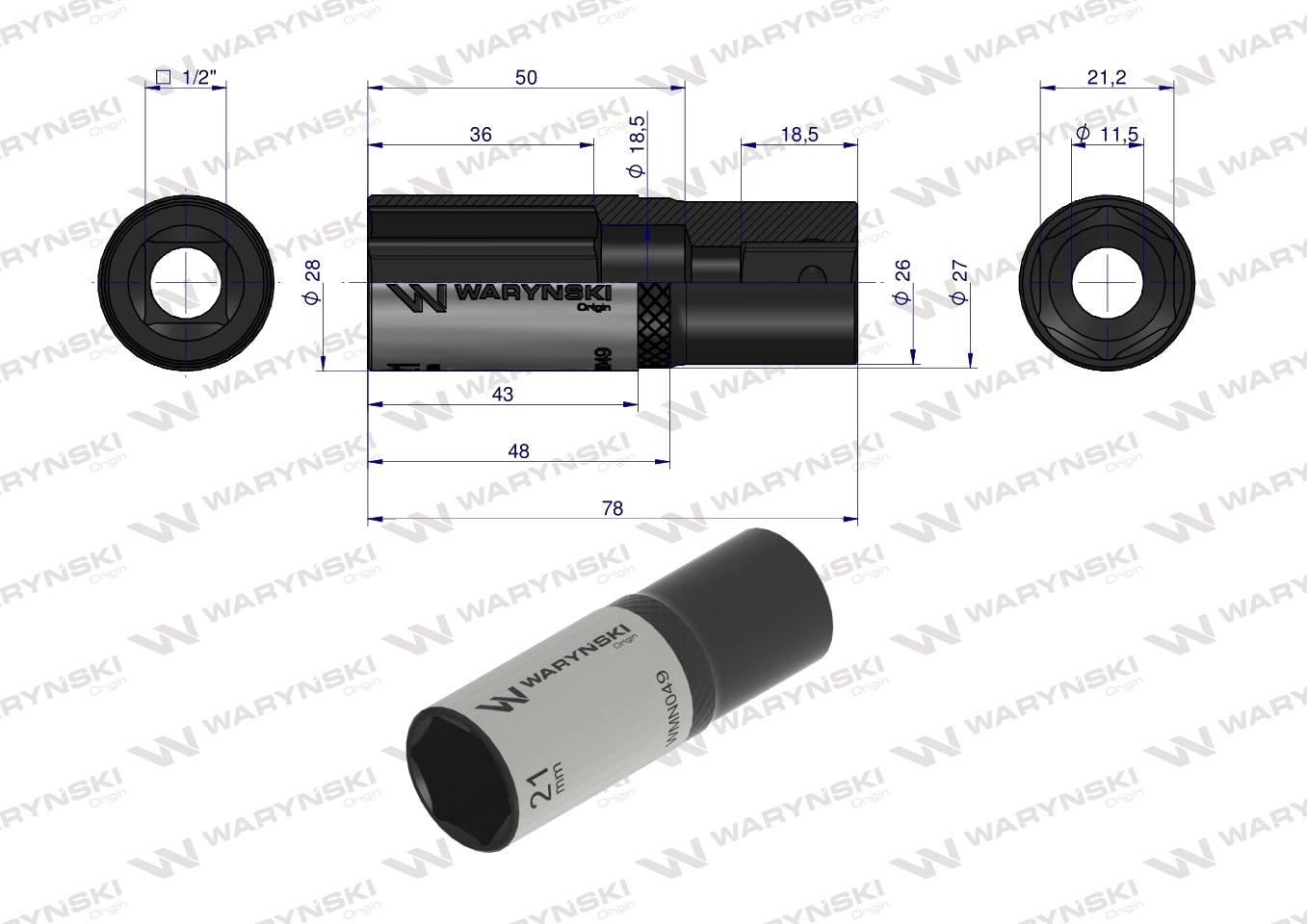 Nasadka sześciokątna 1/2". 21 mm. długa. CrV50BV30. DIN 3124. Waryński