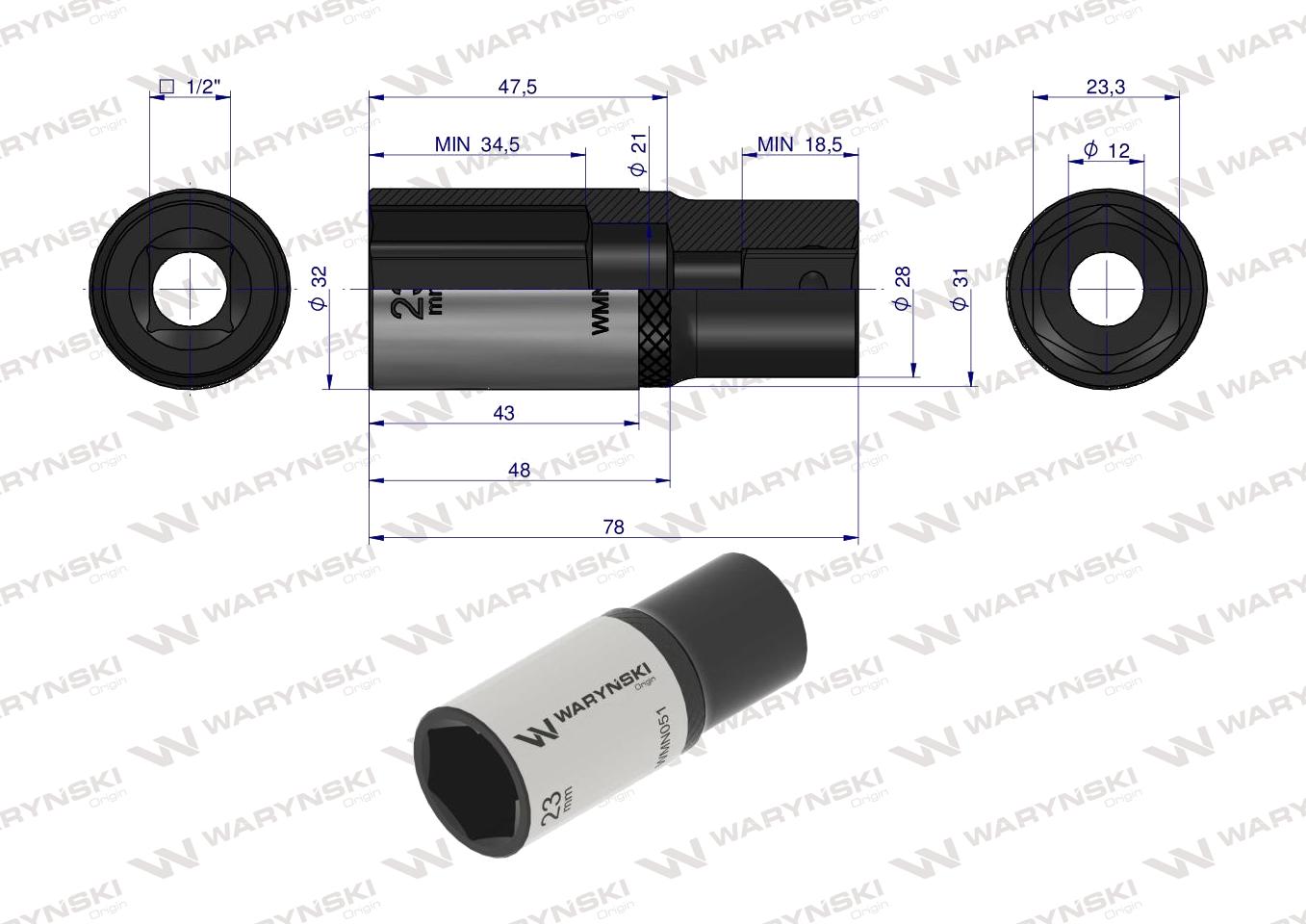 Nasadka sześciokątna 1/2". 23 mm. długa. CrV50BV30. DIN 3124. Waryński