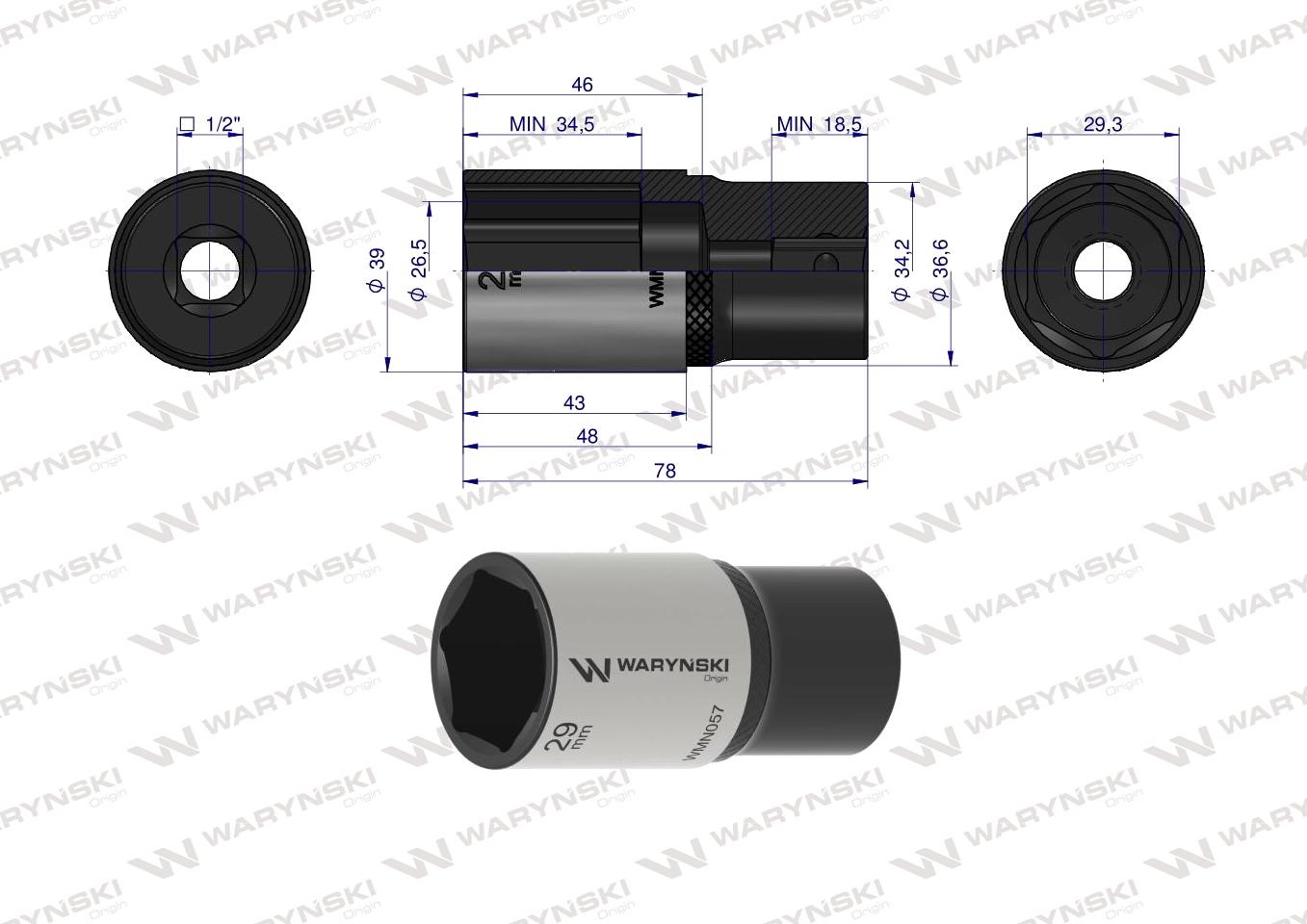 Nasadka sześciokątna 1/2". 29 mm. długa. CrV50BV30. DIN 3124. Waryński