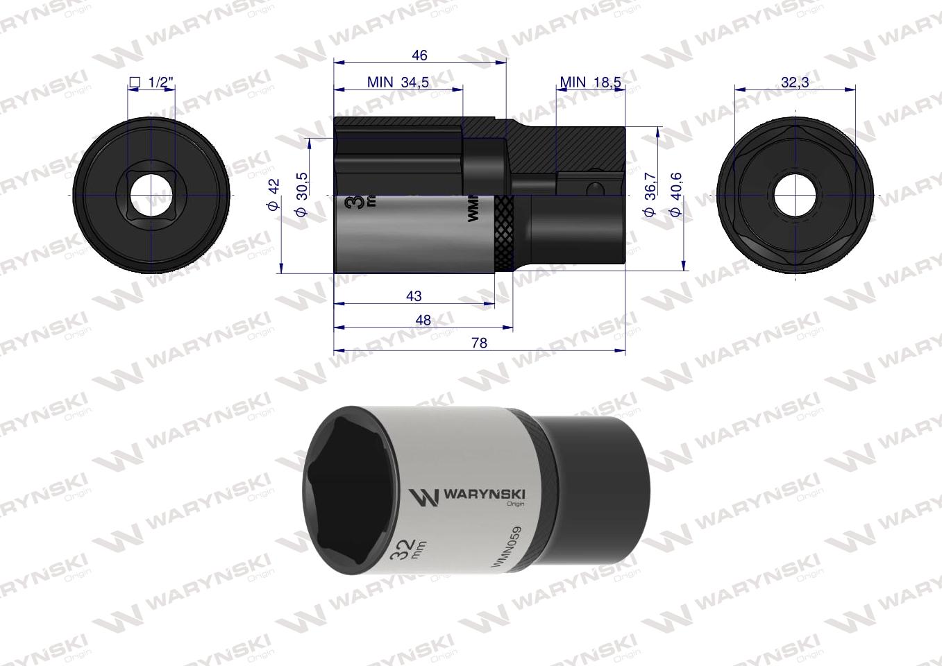 Nasadka sześciokątna 1/2". 32 mm. długa. CrV50BV30. DIN 3124. Waryński