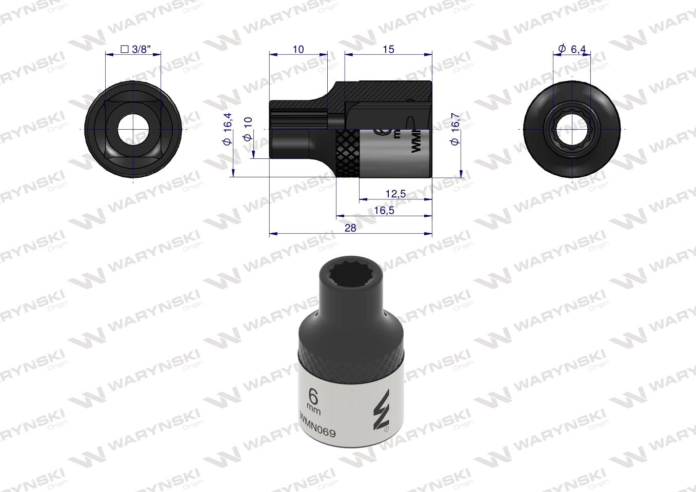 Nasadka dwunastokątna 3/8". 6 mm. CrV50BV30. DIN 3124. Waryński