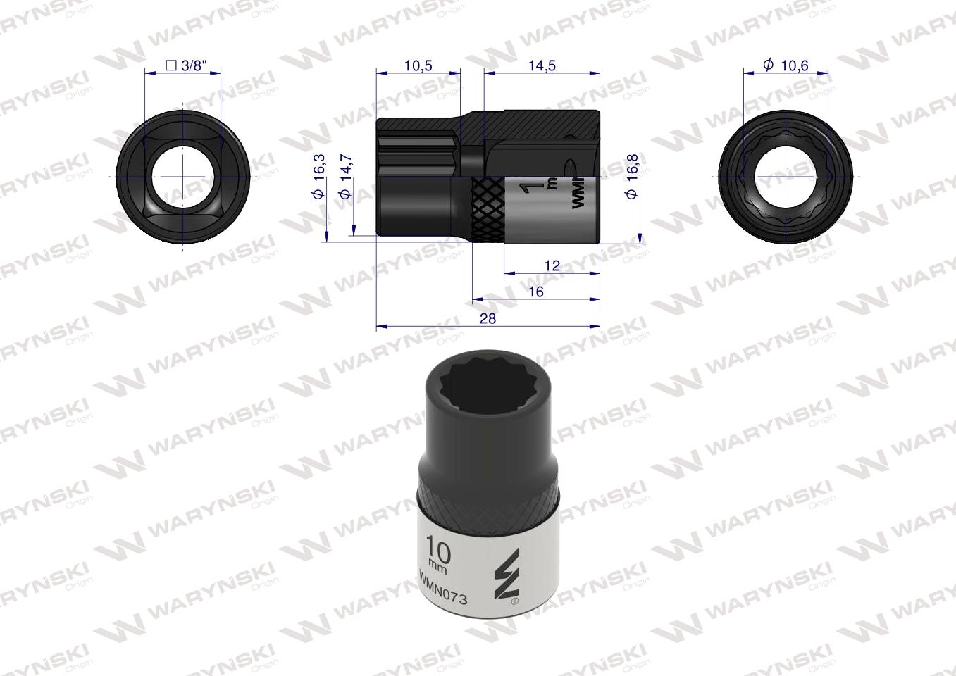 Nasadka dwunastokątna 3/8". 10 mm. CrV50BV30. DIN 3124. Waryński