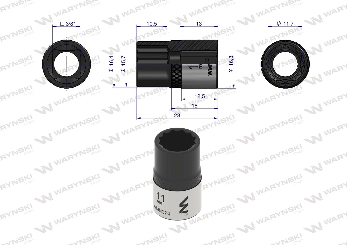 Nasadka dwunastokątna 3/8". 11 mm. CrV50BV30. DIN 3124. Waryński