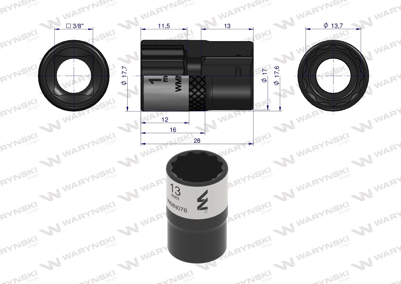 Nasadka dwunastokątna 3/8". 13 mm. CrV50BV30. DIN 3124. Waryński
