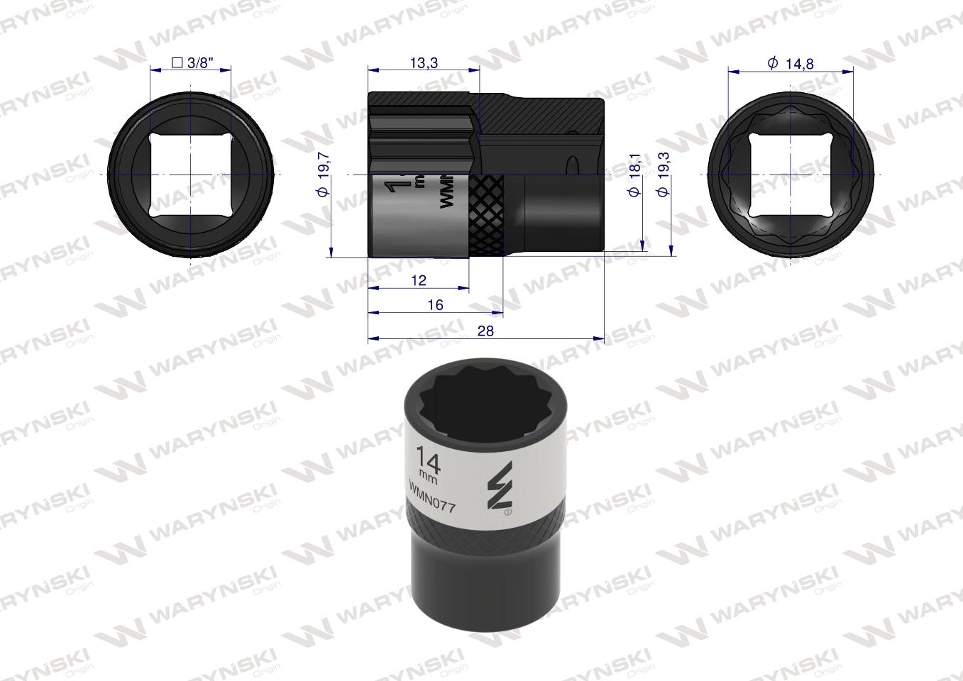 Nasadka dwunastokątna 3/8". 14 mm. CrV50BV30. DIN 3124. Waryński