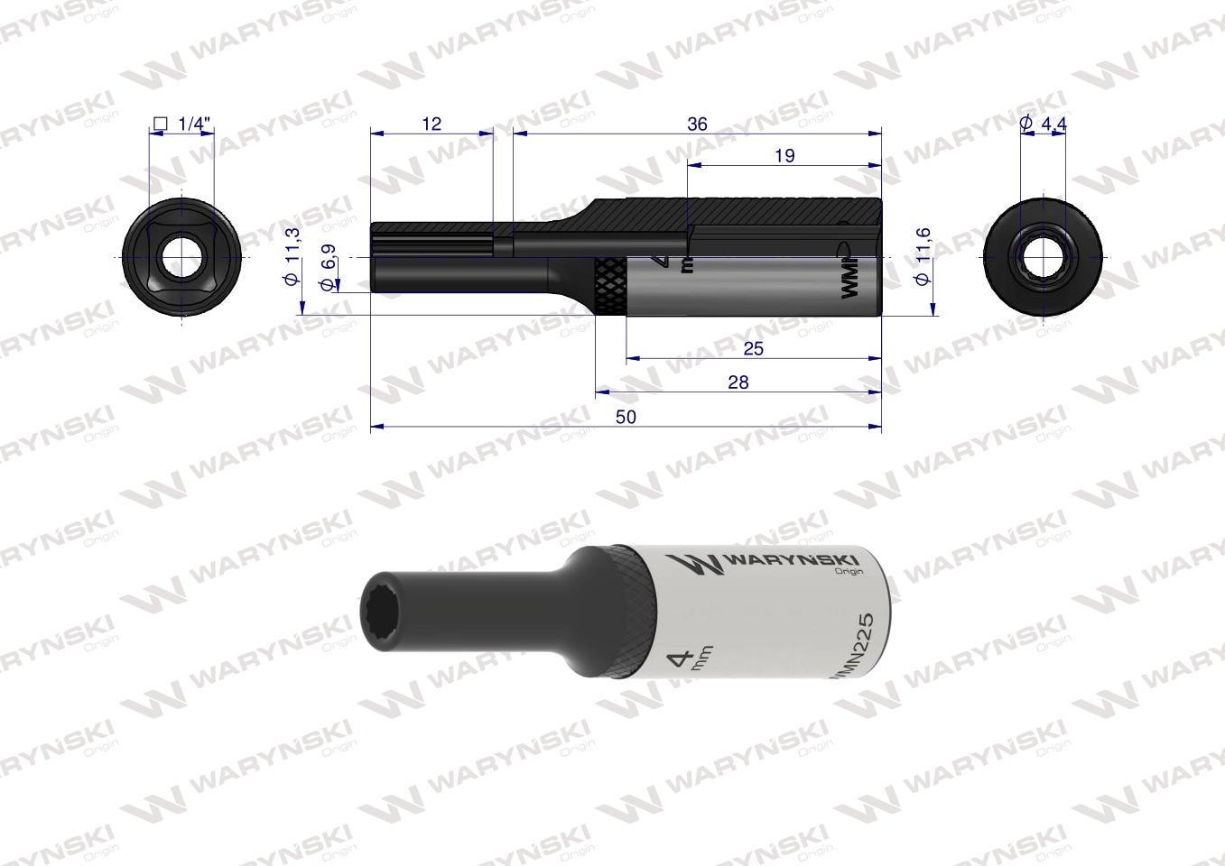 Nasadka dwunastokątna 1/4". 4 mm. długa. CrV50BV30. DIN 3124. Waryński