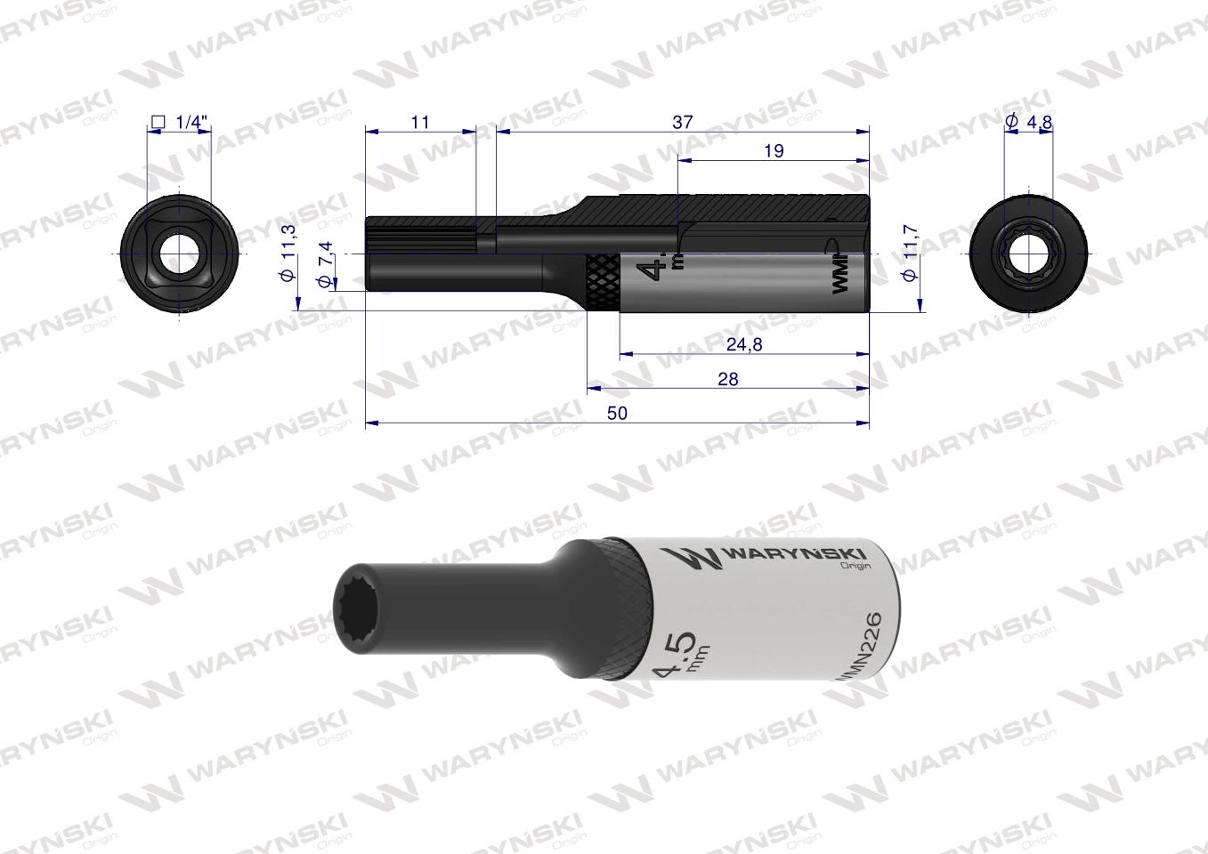 Nasadka dwunastokątna 1/4". 4.5 mm. długa. CrV50BV30. DIN 3124. Waryński