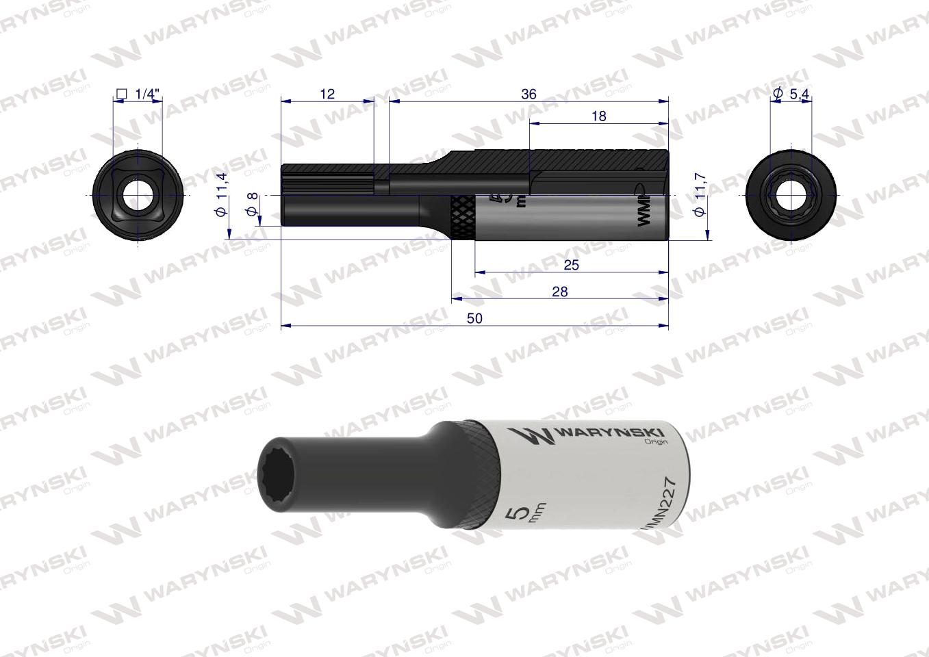 Nasadka dwunastokątna 1/4". 5 mm. długa. CrV50BV30. DIN 3124. Waryński