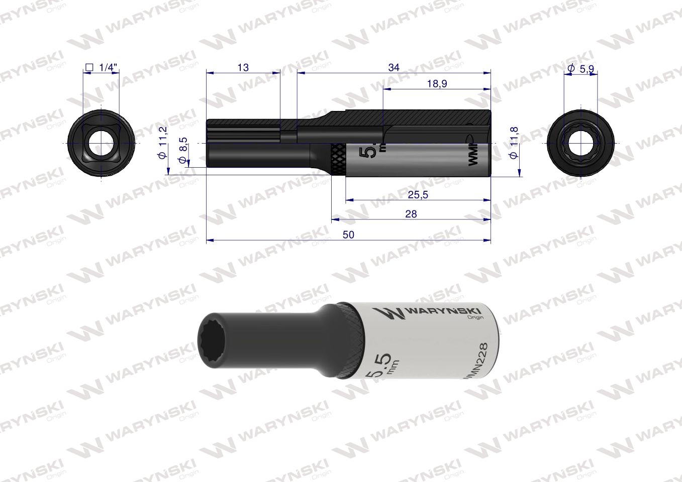 Nasadka dwunastokątna 1/4". 5.5 mm. długa. CrV50BV30. DIN 3124. Waryński