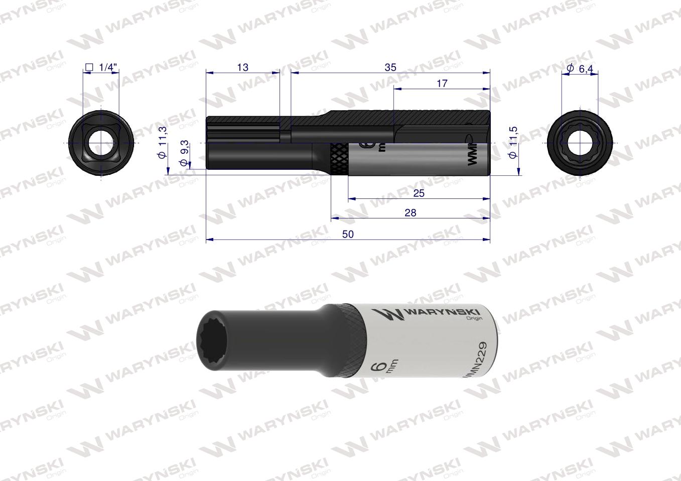 Nasadka dwunastokątna 1/4". 6 mm. długa. CrV50BV30. DIN 3124. Waryński