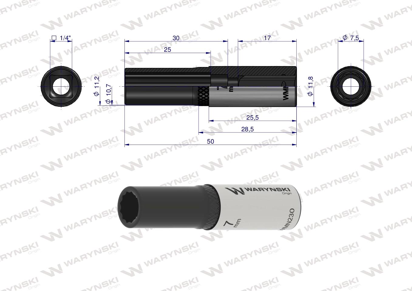 Nasadka dwunastokątna 1/4". 7 mm. długa. CrV50BV30. DIN 3124. Waryński