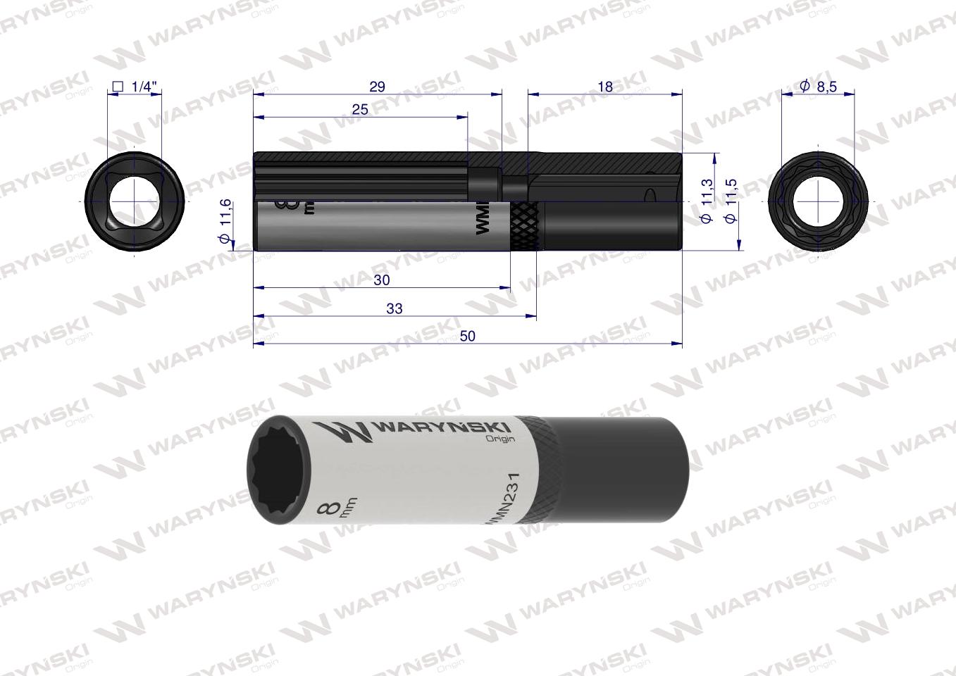 Nasadka dwunastokątna 1/4". 8 mm. długa. CrV50BV30. DIN 3124. Waryński