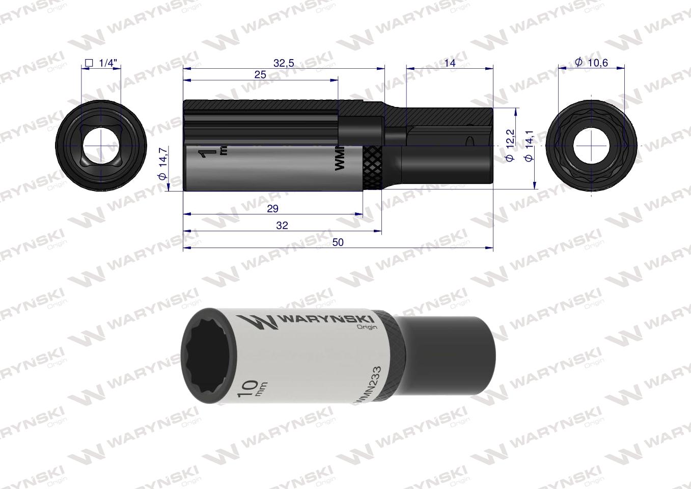Nasadka dwunastokątna 1/4". 10 mm. długa. CrV50BV30. DIN 3124. Waryński