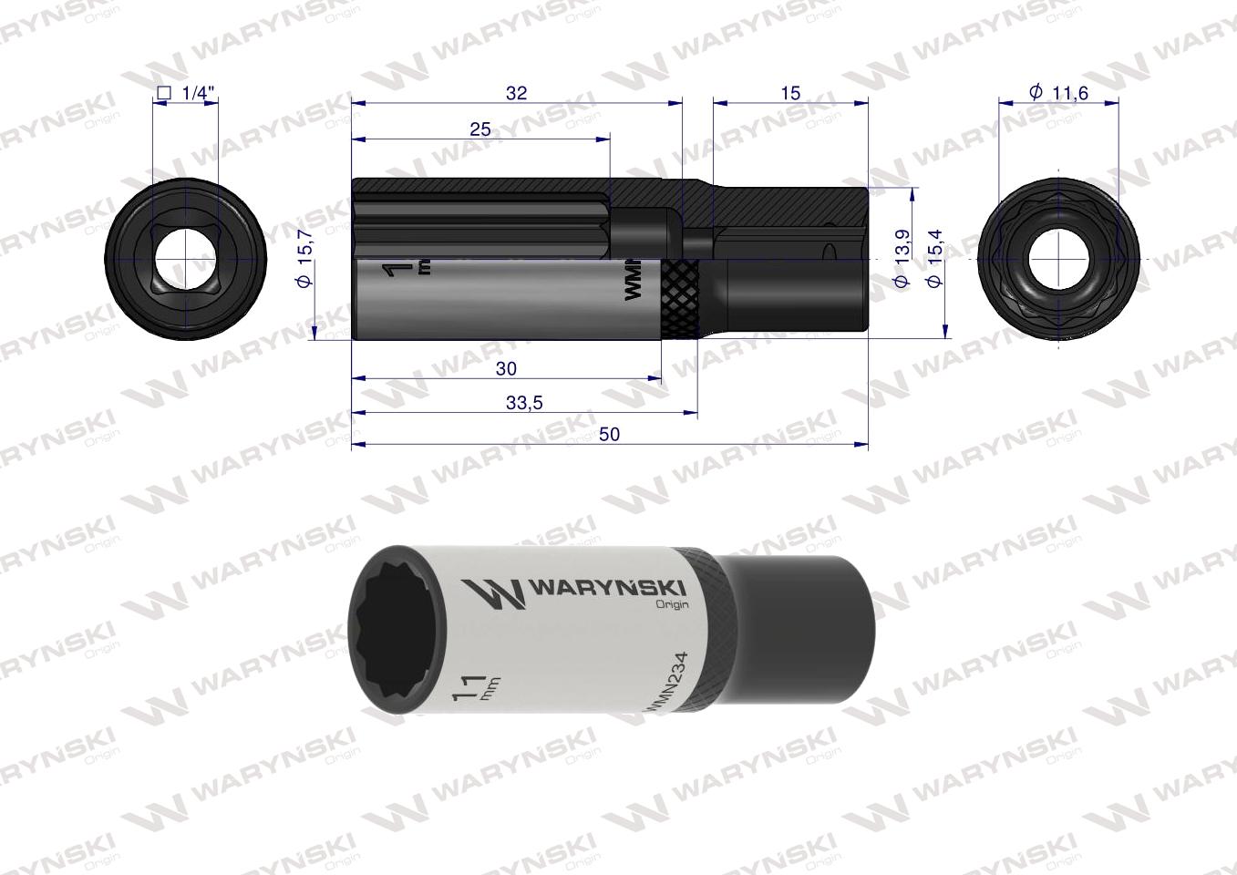 Nasadka dwunastokątna 1/4". 11 mm. długa. CrV50BV30. DIN 3124. Waryński